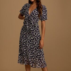 Lulus Anything Lovelier Navy Blue Floral Print Tiered Midi Dress - Size L